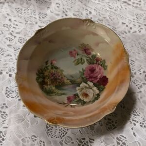 Vintage Hand Painted Bowl 9.5” Roses Floral Scalloped Shaded Edges